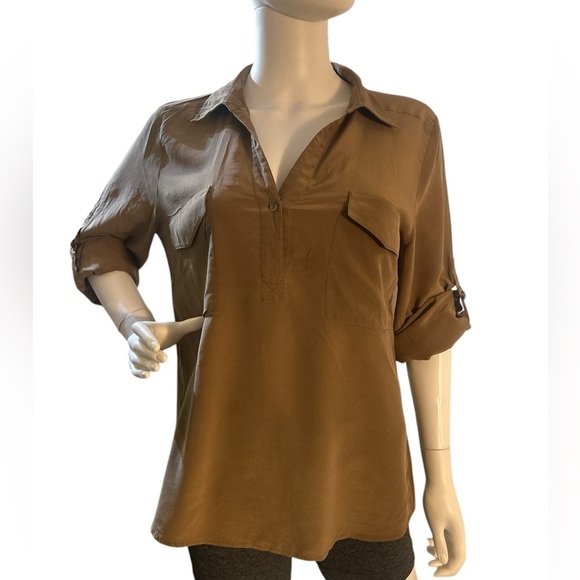 EILEEN FISHER Brown Silk Long Sleeve Blouse - Picture 5 of 8